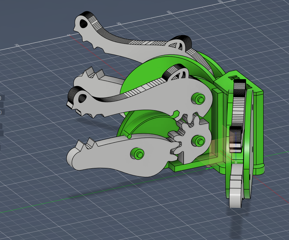 CAD-Seitenansicht der KOKIL Schwerkraftmechanik mit Krokodilbacken und Zahnradführung