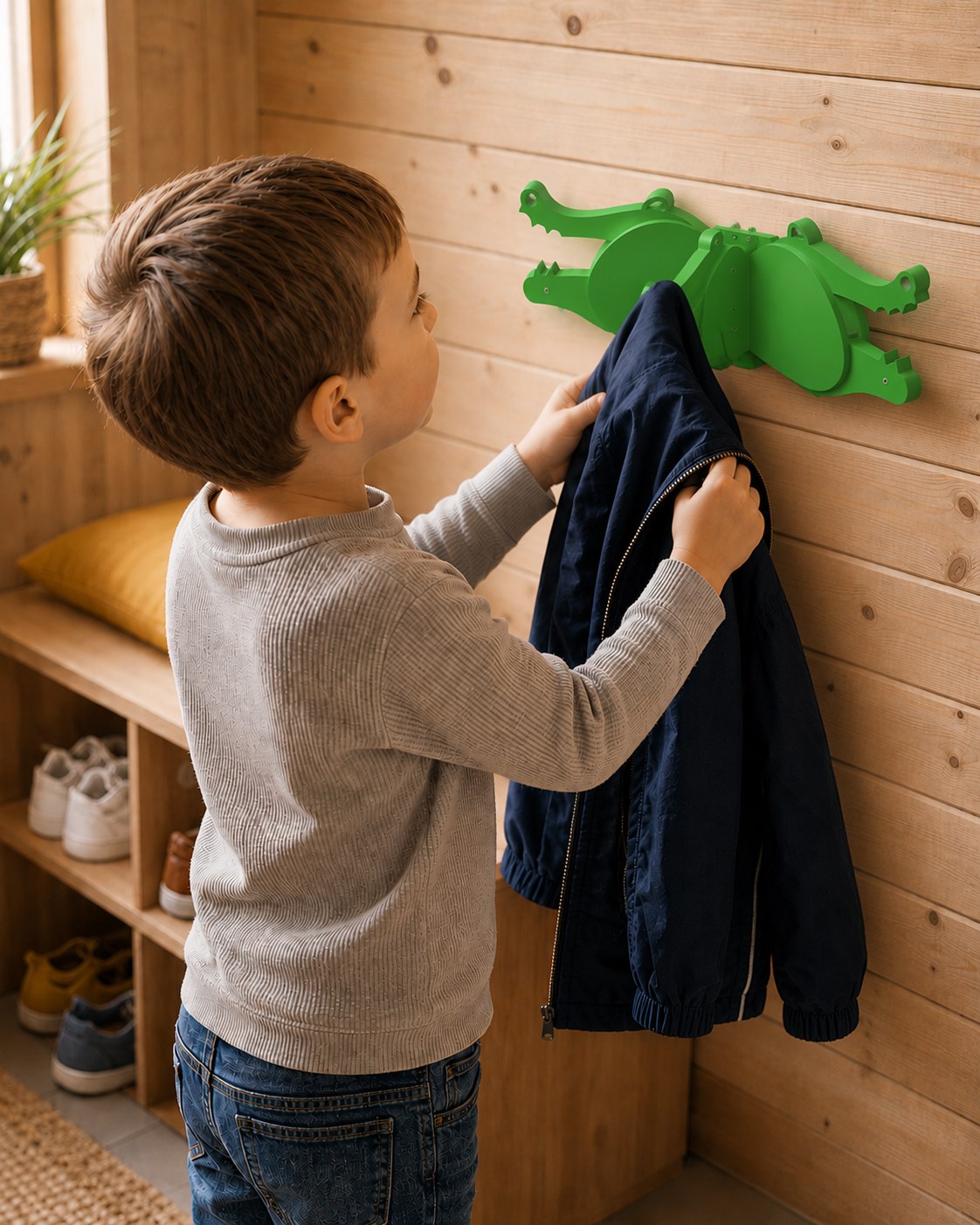 Kind hängt eine blaue Jacke an den grünen KOKIL 3er-Krokodil-Kleiderhaken an einer Holzwand