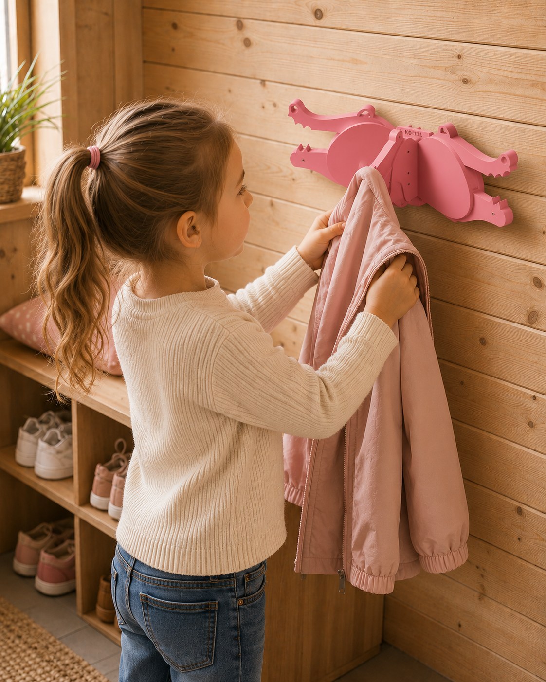 Kind hängt eine rosa Jacke an den rosa KOKIL 3er-Krokodil-Kleiderhaken